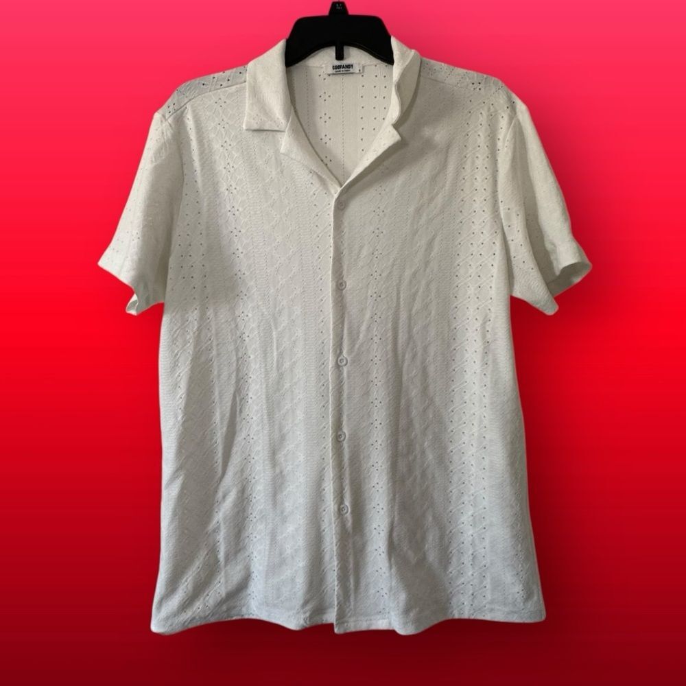 Coofandy Men's White Short Sleeve Eyelet Button Down Shirt Small
